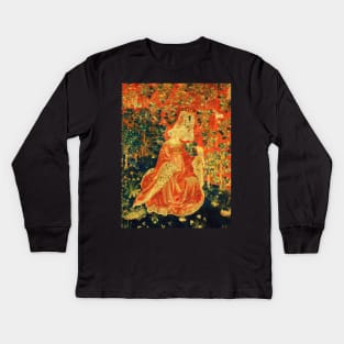 LADY WITH HAWK AMONG FLOWERS AND OAK LEAVES ,HARES, Orange Green Floral Kids Long Sleeve T-Shirt